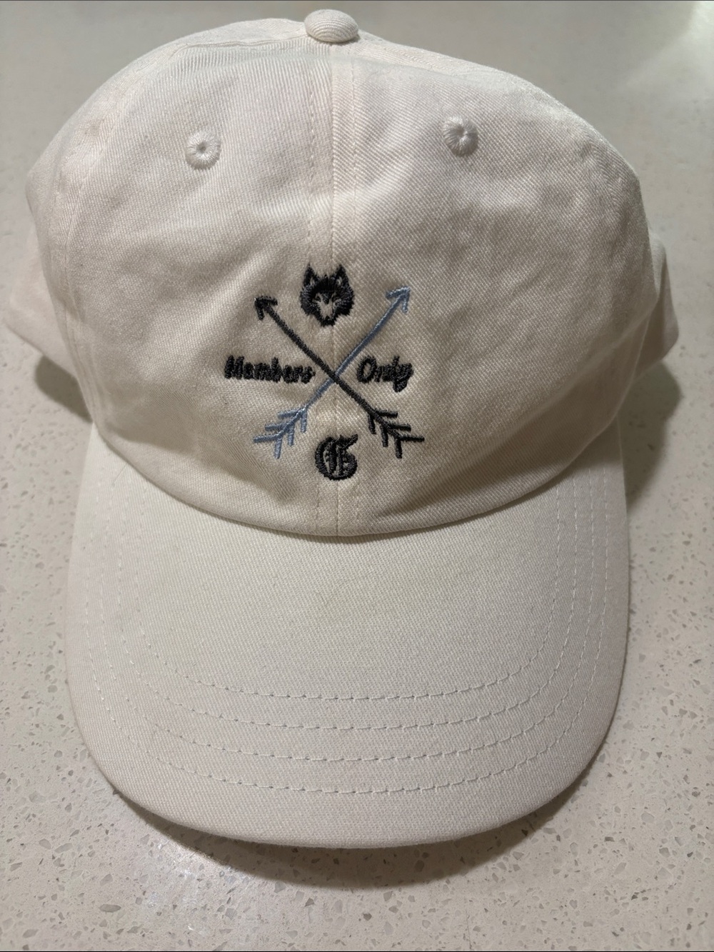 Members Only White Baseball Cap with Black and Light Blue Embroidery